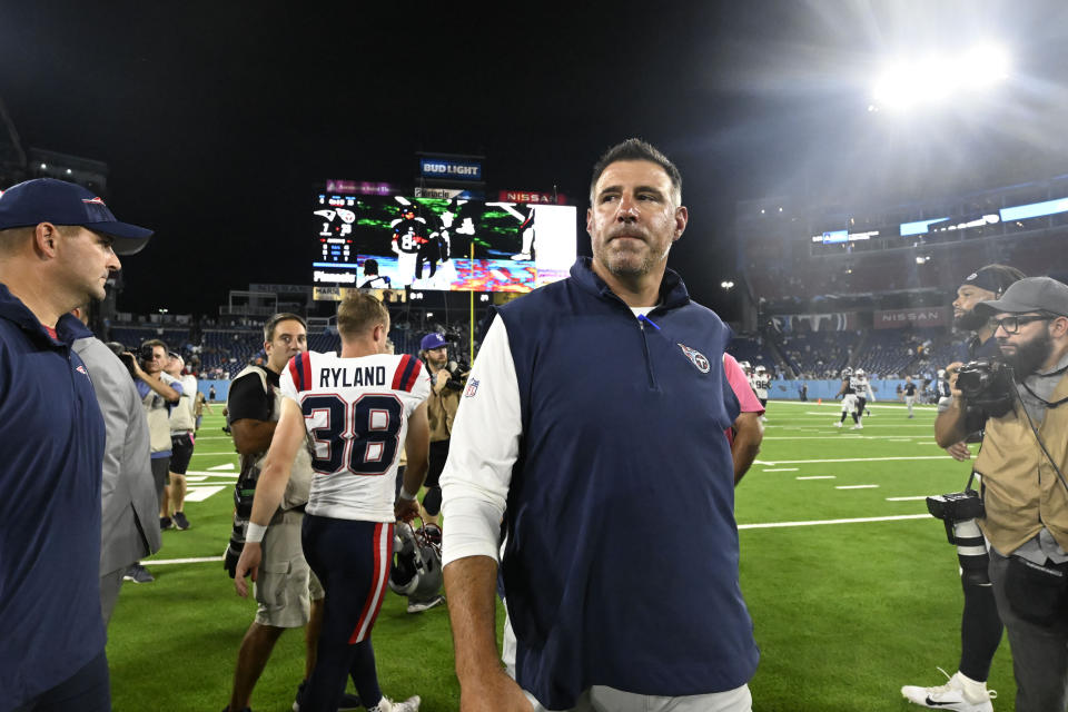 Tennessee Titans head coach Mike Vrabel walks on the field after an NFL preseason football game against the New England Patriots Friday, Aug. 25, 2023, in Nashville, Tenn. The Titans won 23-7. (AP Photo/John Amis)