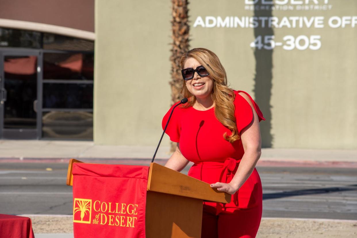 College of the Desert Superintendent/President Martha Garcia speaks at the school's Indio campus expansion groundbreaking in March 2022.