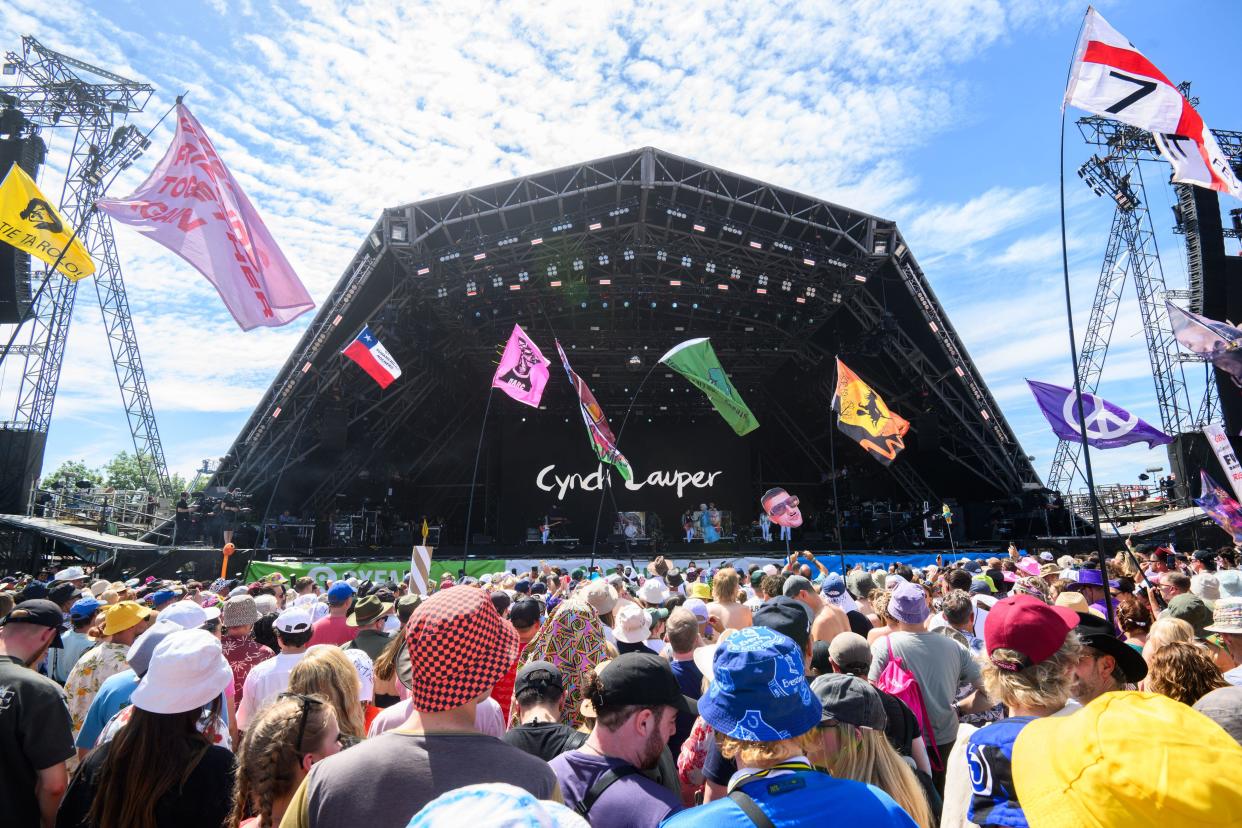 London, UK. 29 June 2024. Cyndi Lauper perfoming on the fourth day of the Glastonbury Festival, at Worthy Farm in Somerset. Photo credit should read: Matt Crossick/Empics/Alamy Live News