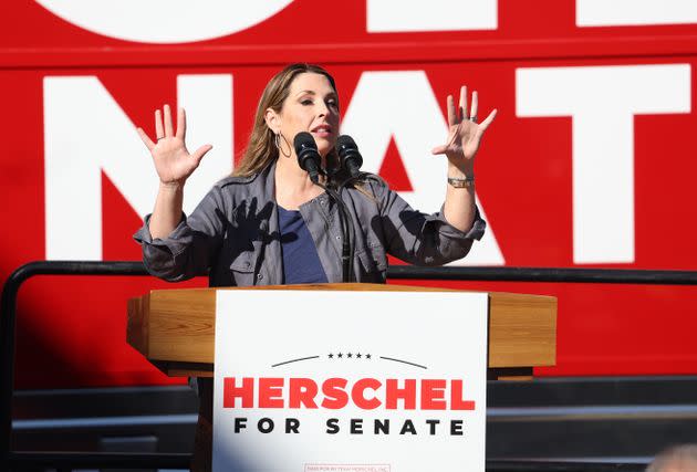 Republican National Committee Chair Ronna McDaniel speaks during a campaign rally with Georgia Republican Senate candidate Herschel Walker on Nov. 29, 2022, in Greensboro, Georgia. 