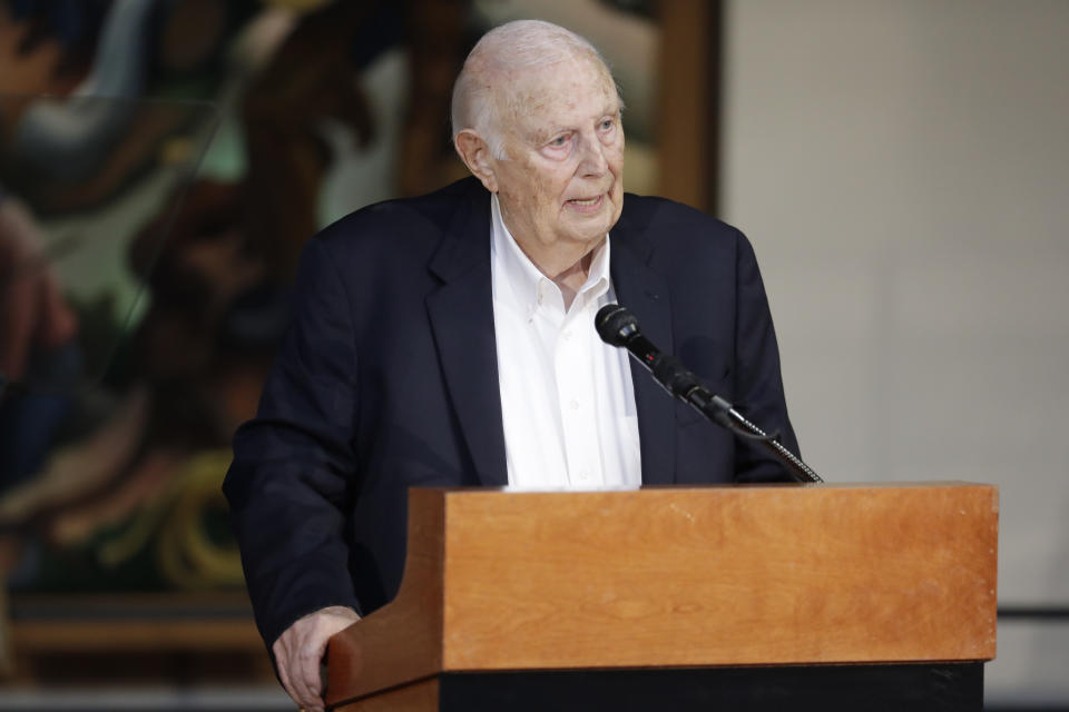FILE - Jerry Bradley speaks during the annual announcement of inductees into the Country Music Hall of Fame, March 18, 2019, in Nashville, Tenn. The Nashville music executive who signed Alabama and Ronnie Milsap and helped brand the outlaws style of country music during a 40-year career, died Monday, July 17, 2023. He was 83. (AP Photo/Mark Humphrey, File)