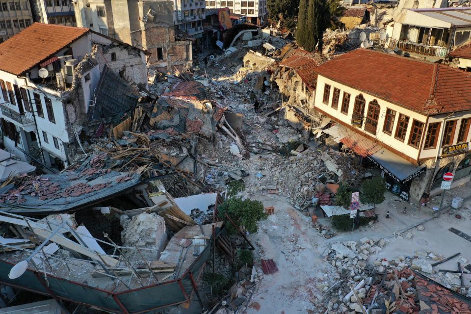 View of heritage houses and buildings which destroyed during the devastated earthquake, in the old city of Antakya, southern Turkey, Monday, Feb. 13, 2023.