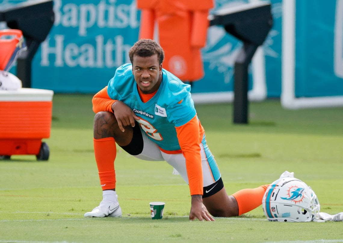 Miami Dolphins free safety Jevon Holland (8) during practice at Baptist Health Training Complex in Hard Rock Stadium on Wednesday, October 20, 2021 in Miami Gardens, Florida, in preparation for their game against the Buffalo Bills at Highmark Stadium on Sunday, October 31.