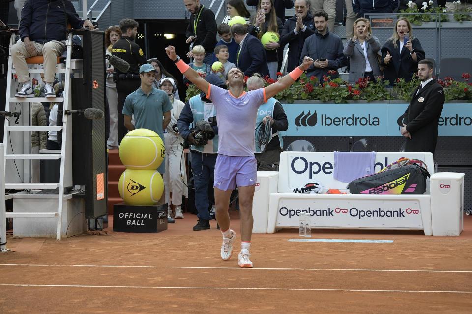 Rafael Nadal of Spain is in action during the 2024 ATP Tour Madrid Open tennis tournament at Caja Magica in Madrid, Spain, on April 29, 2024. (Photo by Juan Carlos Lucas/NurPhoto via Getty Images)