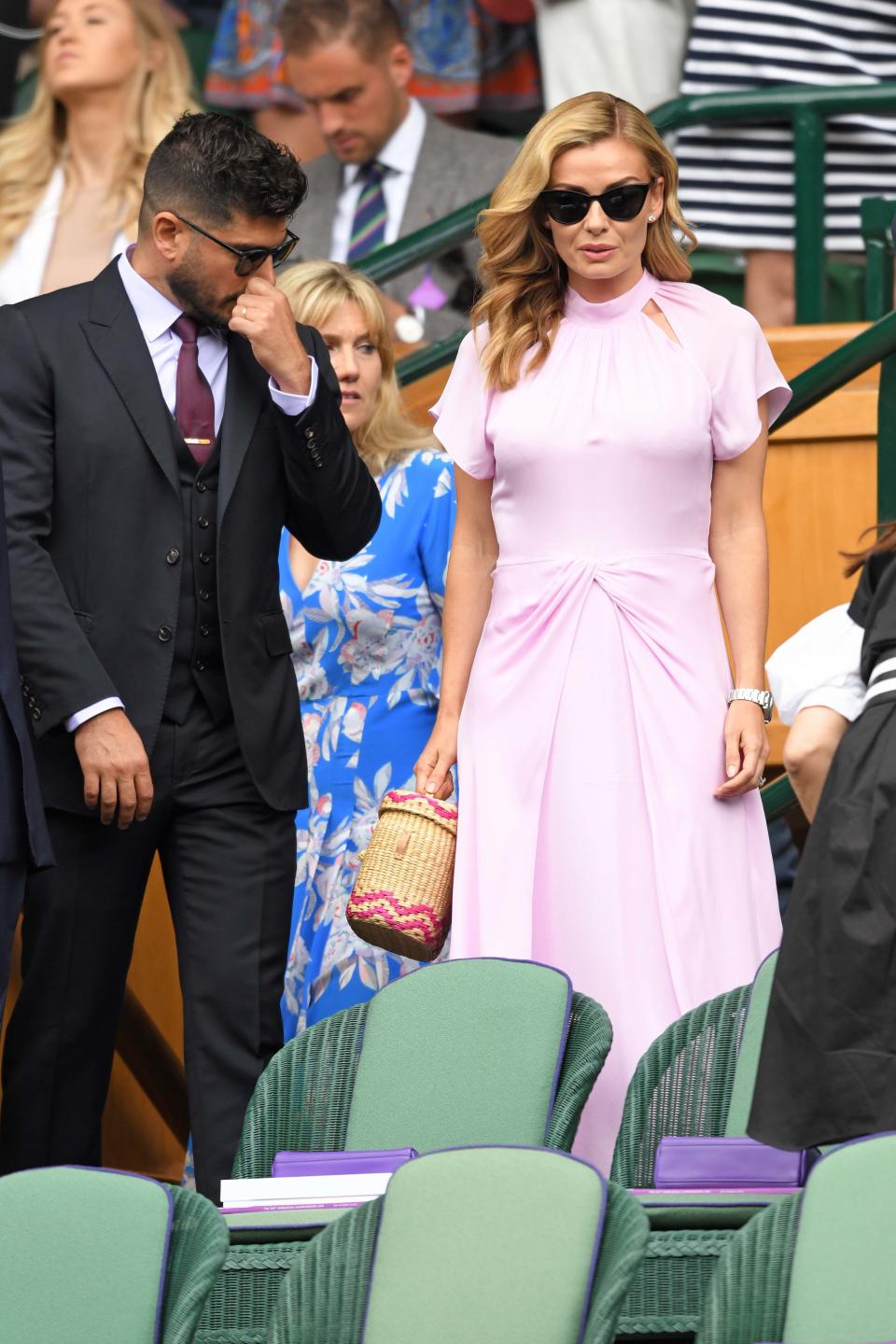 LONDON, ENGLAND - JULY 14: Andrew Levitas and Katherine Jenkins in the Royal box during Men's Finals Day of the Wimbledon Tennis Championships at All England Lawn Tennis and Croquet Club on July 14, 2019 in London, England. (Photo by Karwai Tang/Getty Images)