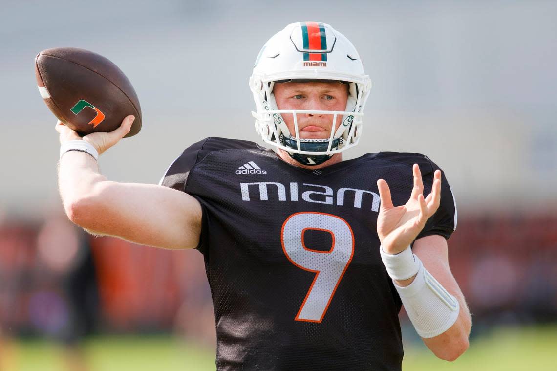 Miami Hurricanes quarterback Tyler Van Dyke (9) throws the football during practice at the University of Miami campus in Coral Gables, Florida, Thursday, April 6, 2023.