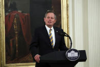 Sen. Steve Daines, R- Mont., speaks during a signing ceremony for H.R. 1957 – "The Great American Outdoors Act," in the East Room of the White House, Tuesday, Aug. 4, 2020, in Washington. (AP Photo/Alex Brandon)