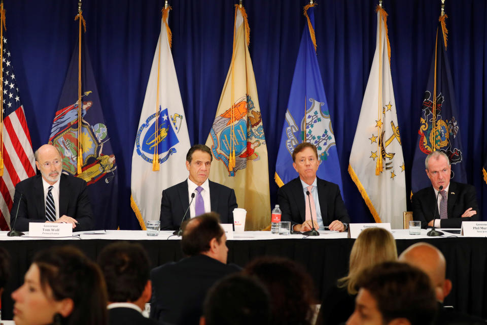 New York Governor Andrew M. Cuomo, Connecticut Governor Ned Lamont, New Jersey Governor Phil Murphy and Pennsylvania Governor Tom Wolf take part in a regional cannabis and vaping summit in New York City, New York, U.S., October 17, 2019. REUTERS/Lucas Jackson