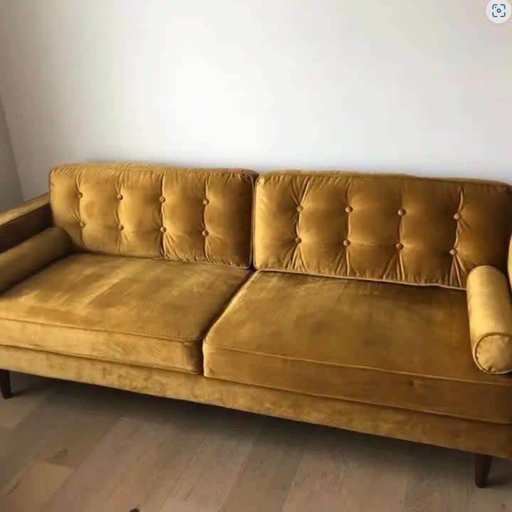 velvet mustard yellow couch with arm cushions