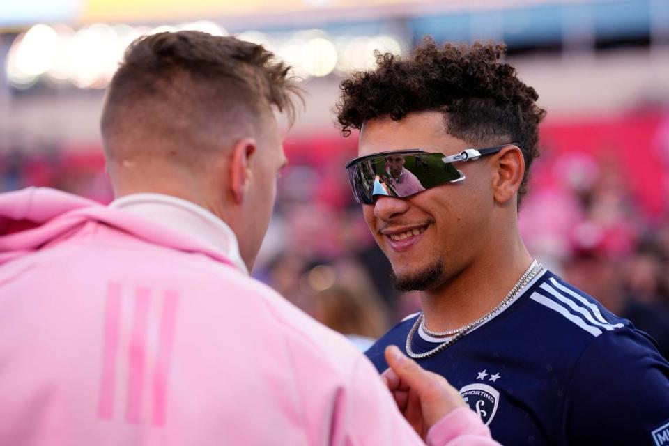 Apr 13, 2024; Kansas City, Missouri, USA; Patrick Mahomes before a match between Inter Miami CF and Sporting KC at Arrowhead Stadium. Mandatory Credit: Jay Biggerstaff-USA TODAY Sports