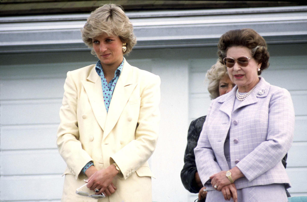 Princess Diana with her mother-in-law Queen Elizabeth II watching polo on May 31, 1987. (Tim Graham Photo Library via Getty Images)