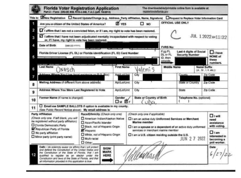 Yalemis Onasch’s most recent voter registration form, on which she selected “Republican Party of Florida” on her 