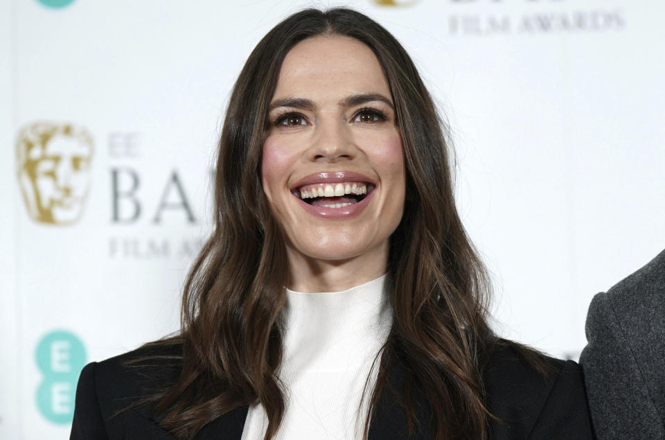 Actress Hayley Atwell, poses for a photo, during the nominations for the BAFTA Film Awards 2023, at BAFTA's headquarters in London, Thursday, Jan. 19, 2023. (Yui Mok/PA via AP)