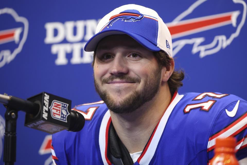 Buffalo Bills quarterback Josh Allen speaks at a news conference following an NFL football game against the Tampa Bay Buccaneers, Thursday, Oct. 26, 2023, in Orchard Park, N.Y. (AP Photo/Jeffrey T. Barnes)