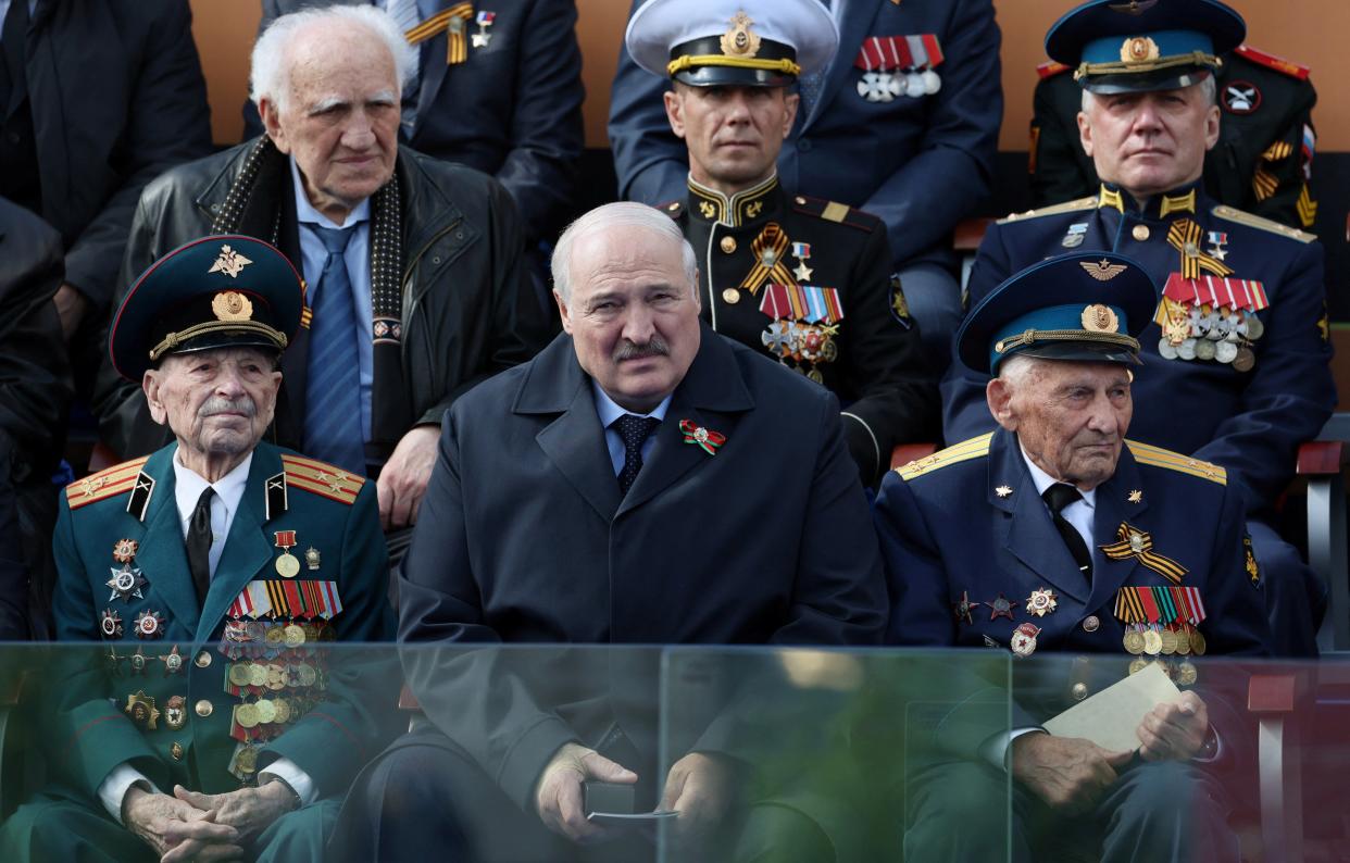 Lukashenko (front centre) at the Victory Day parade in Red Square (Reuters)