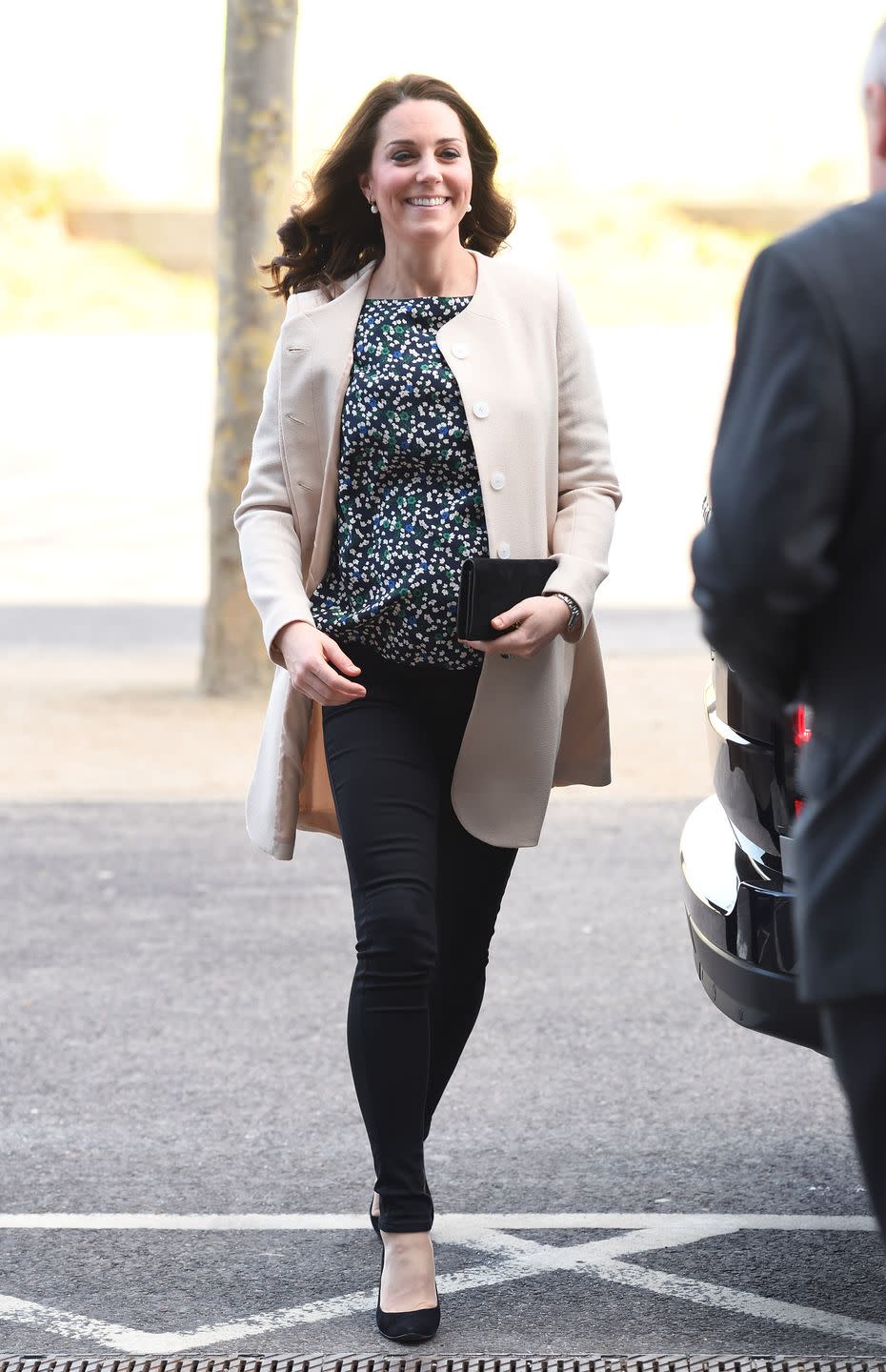 <p><em>March 22, 2018</em> — At her last appearance before going on maternity leave, the Duchess opted for some comfy black jeans and a <a href="https://www.hobbs.co.uk/product/display?productID=0118-6958-9021L00&productvarid=0118-6958-9021L00-MULTI-12&refpage=promotions%2Fsale-tops&EL_COUNTRY=GB&EL_CURR=GBP&EL_LANG=EN" rel="nofollow noopener" target="_blank" data-ylk="slk:floral blouse by Hobbs;elm:context_link;itc:0;sec:content-canvas" class="link ">floral blouse by Hobbs</a> under a Goat A-line coat. She would later give birth to <a href="https://www.goodhousekeeping.com/life/news/a45953/kate-middleton-pregnant/" rel="nofollow noopener" target="_blank" data-ylk="slk:her third child Prince Louis;elm:context_link;itc:0;sec:content-canvas" class="link ">her third child Prince Louis</a> on April 23, 2018. <br></p>