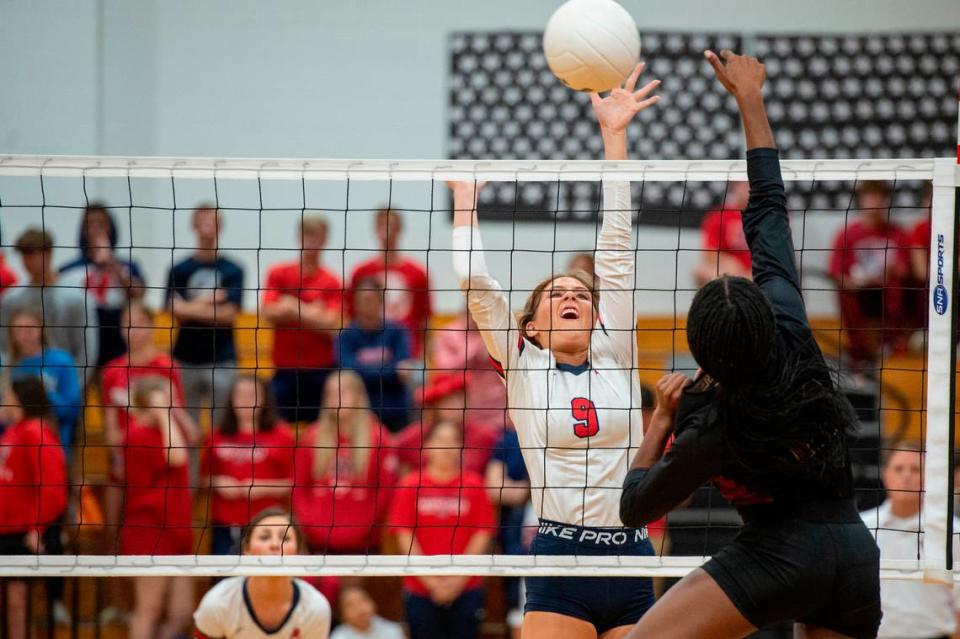 Hancock’s Lane Wedgeworth blocks the ball during the 6A South State Championship game at Hancock High School in Kiln on Monday, Oct. 16, 2023.