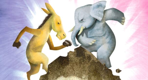 USA - 2012:  Hector Casanova illustration of the Democrat donkey fighting it out with the Republican elephant on top of the so called 'fiscal cliff.' (The Kansas City Star/MCT via Getty Images via Getty Images)