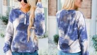 Berryou Women's Long Sleeve Button Waffle Tie Dye Tops