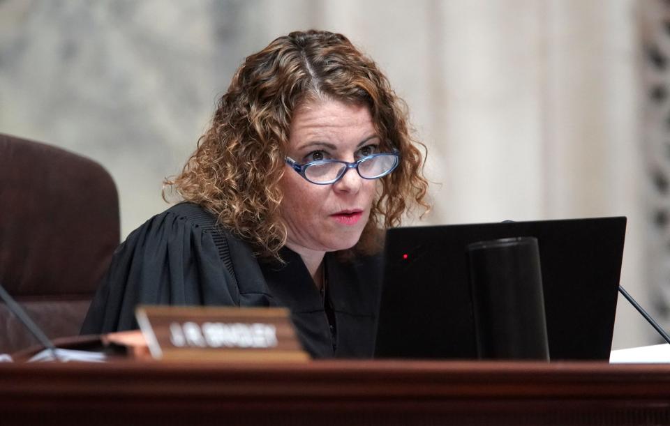 Wisconsin Supreme Court Justice Rebecca Dallet listens to oral arguments during a case in 2019.