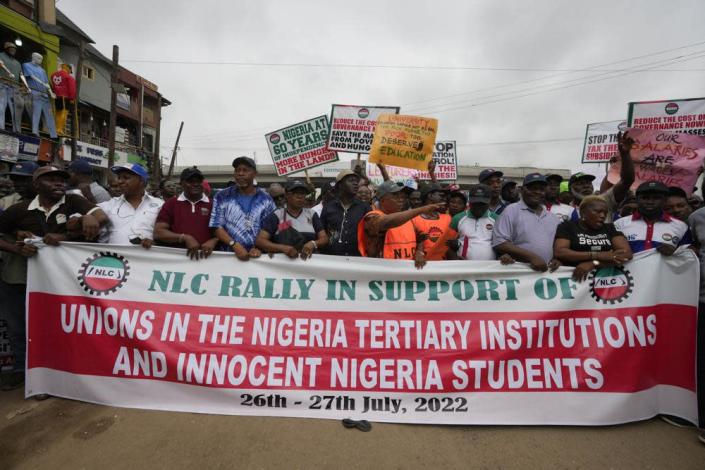 Nigeria Labour union protest in solidarity with the Academic Staff Union of Universities, on the street in Lagos, Nigeria, on July 26, 2022. (AP Photo/Sunday Alamba, File)