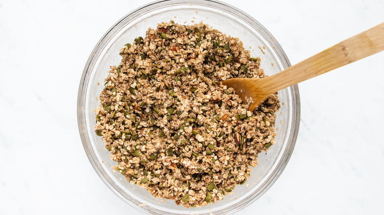 Pumpkin seed granola mixed in bowl