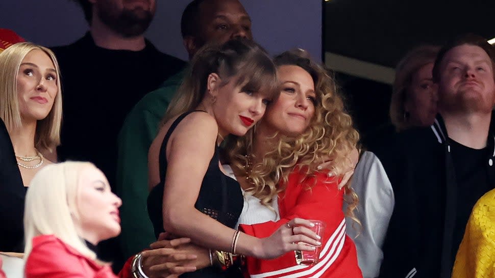 Taylor Swift and Actress Blake Lively hug prior to Super Bowl LVIII between the San Francisco 49ers and Kansas City Chiefs at Allegiant Stadium on February 11, 2024 in Las Vegas, Nevada.