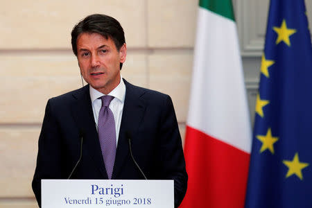 Italian Prime Minister Giuseppe Conte attends a joint news conferenece with French President Emmanuel Macron (not pictured) at the Elysee Palace in Paris, France, June 15, 2018. Francois Mori/Pool via Reuters