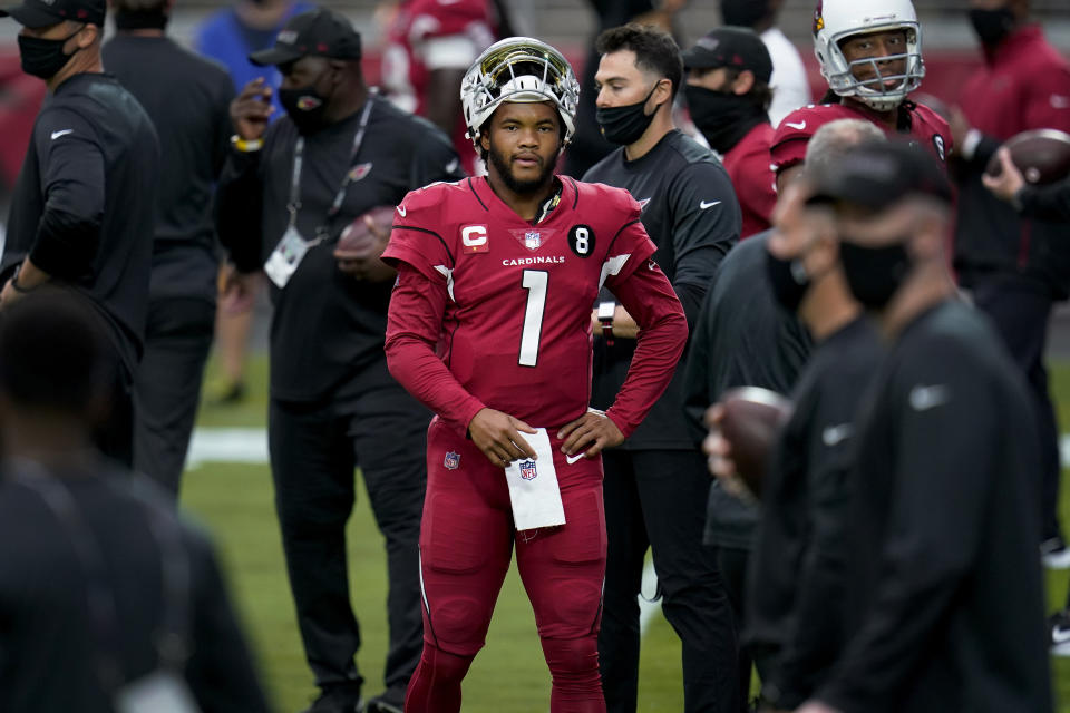 Arizona Cardinals quarterback Kyler Murray (1) warms up prior to an NFL football game against the Detroit Lions, Sunday, Sept. 27, 2020, in Glendale, Ariz. (AP Photo/Ross D. Franklin)