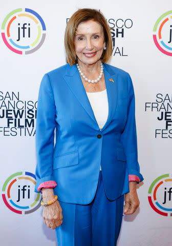 <p>Kimberly White/Getty </p> Nancy Pelosi in 2023