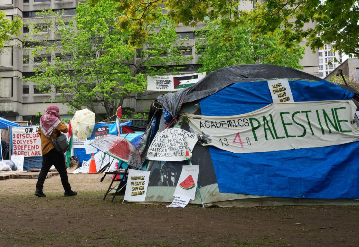 McGill University filed an injunction request against the pro-Palestinian encampment on its downtown campus lawn.  (Ryan Remiorz/The Canadian Press - image credit)