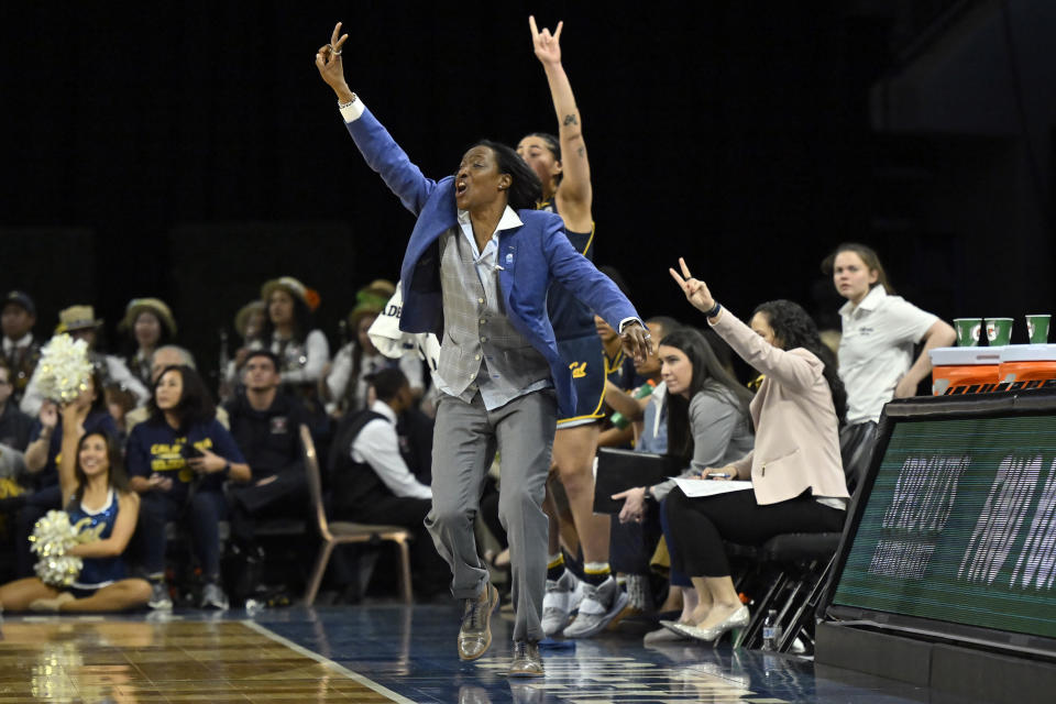 California head coach Charmin Smith calls a play to her team during the second half of an NCAA college basketball game against Washington State in the first round of the Pac-12 women's tournament Wednesday, March 1, 2023, in Las Vegas. (AP Photo/David Becker)