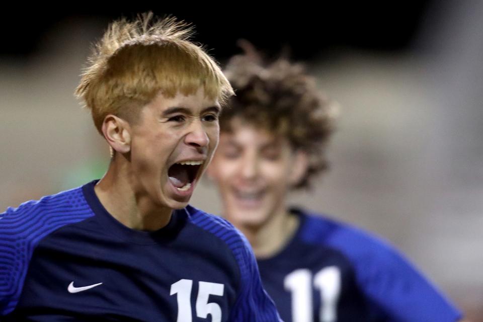 La Quinta's Hector Baltierra reacts after scoring a goal against South Hills in a CIF-SS second-round boys' soccer playoff game in La Quinta, Calif., on Tuesday, Feb. 15, 2022. La Quinta won 2-1.