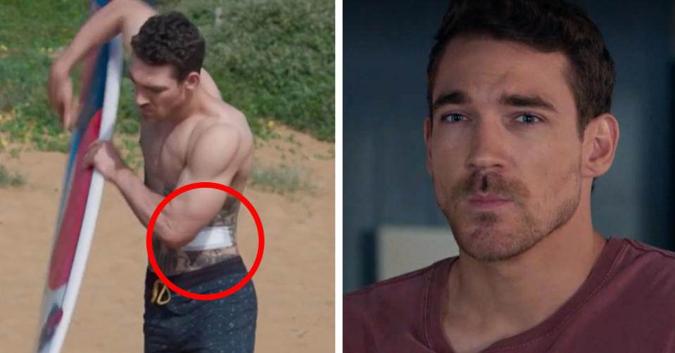 L: Xander Delaney going surfing on Home and Away. R: Xander Delaney in pain on Home and Away.