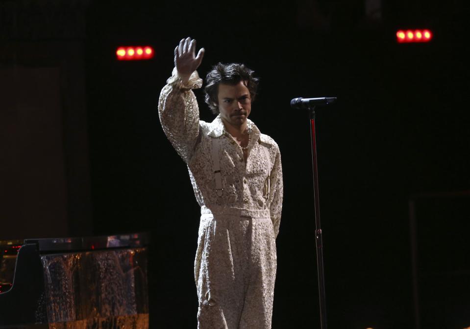 Harry Styles performs on stage at the Brit Awards 2020 in London, Tuesday, Feb. 18, 2020. (Photo by Joel C Ryan/Invision/AP)