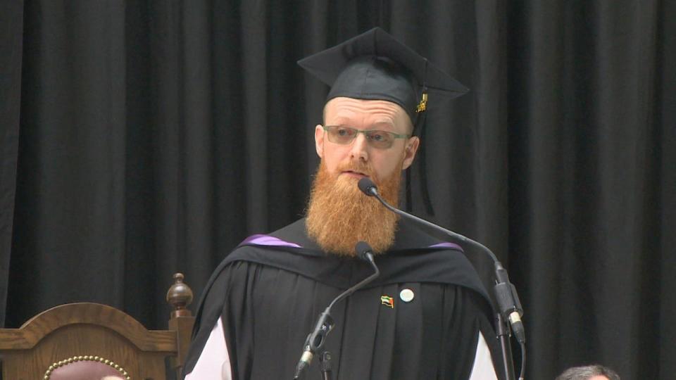 Dr. Gem Newman delivering a speech to the Max Rady College of Medicine class of 2024 on May 16. The college's dean says the speech, which called for the new doctors to call for a ceasefire in Gaza, was 'divisive and inflammatory.'