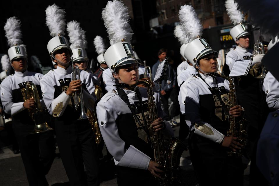 The Paramus Catholic High School marching band participates in the 75th annual Columbus Day Parade in Midtown Manhattan on October 14, 2019 in New York City.