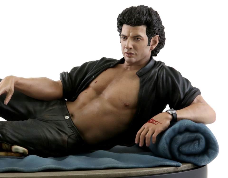The statue captures Dr. Ian Malcolm in one of his most iconic poses.
