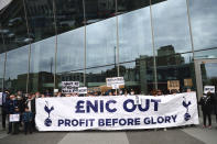 Tottenham fans stage a protest against the Board over the planned creation of a European Super League, outside the Tottenham Hotspur Stadium ahead of the English Premier League football match between Tottenham Hotspur and Southampton in London, England, Wednesday April 21, 2021. (Clive Rose/Pool via AP)