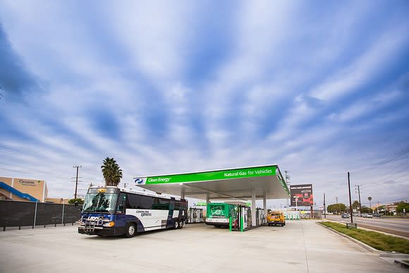 Buses refueling at a Clean Energy Fuels station.