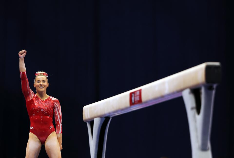 MyKayla Skinner reacts after landing her dismount off the balance beam during the 2021 U.S. Gymnastics Olympic Trials at The Dome at the America's Center on June 25, 2021, in St Louis, Missouri.