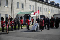 Canadian Prime Minister Justin Trudeau, right and Governor-General Mary Simon accompany Pope Francis on his visit to the Citadelle de Quebec, Wednesday, July 27, 2022, in Quebec City, Quebec City, Quebec. Pope Francis is on a "penitential" six-day visit to Canada to beg forgiveness from survivors of the country's residential schools, where Catholic missionaries contributed to the "cultural genocide" of generations of Indigenous children by trying to stamp out their languages, cultures and traditions. (AP Photo/John Locher)