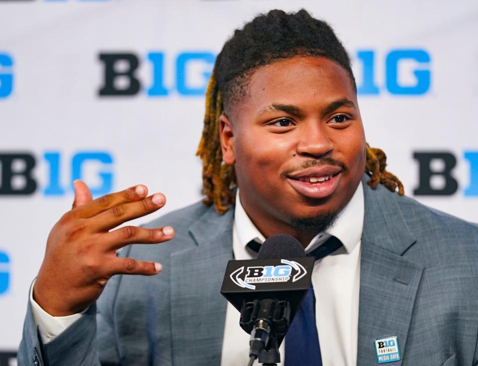 Michigan defensive tackle Kris Jenkins speaks to the media during Big Ten media days on Thursday, July 27, 2023, in Indianapolis.