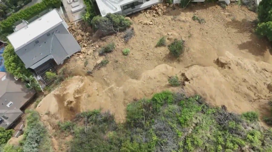 The collapsed hillside in the Hollywood Hills caused by oversaturated soil. The Los Angeles Fire Department red-tagged three homes in the area on March 24, 2024. (KTLA)