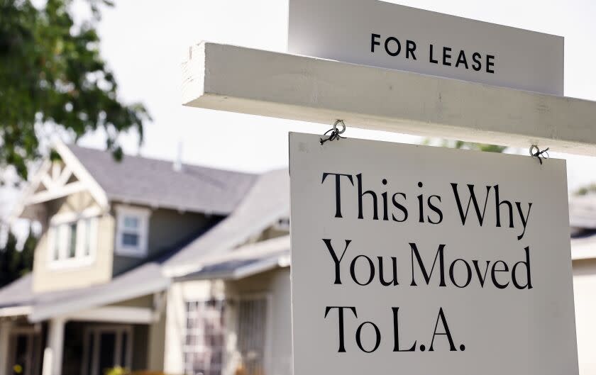 LOS ANGELES, CALIFORNIA - MARCH 15: A "For Lease" sign is posted in front of a house available for rent on March 15, 2022 in Los Angeles, California. Single-family rental home prices are soaring and increased a record 12.6 percent in January compared to the previous year, according to new data from CoreLogic. (Photo by Mario Tama/Getty Images)