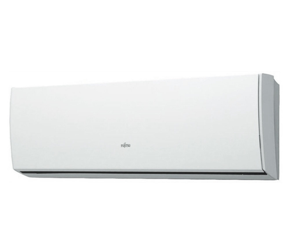 A white Fujitsu air conditioner against a white background.