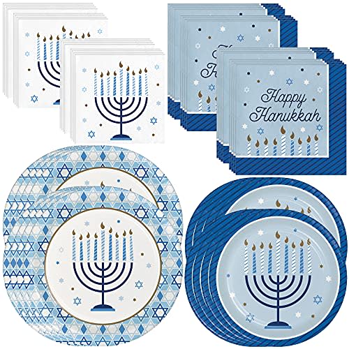 Creative Converting Hanukkah Celebration Dinnerware Party Bundle | 8 Dinner Plates, 8 Luncheon Plates, 16 Luncheon Napkins, 16 Beverage Napkins | Happy Chanukah Disposable Set Blue Paper Menorah