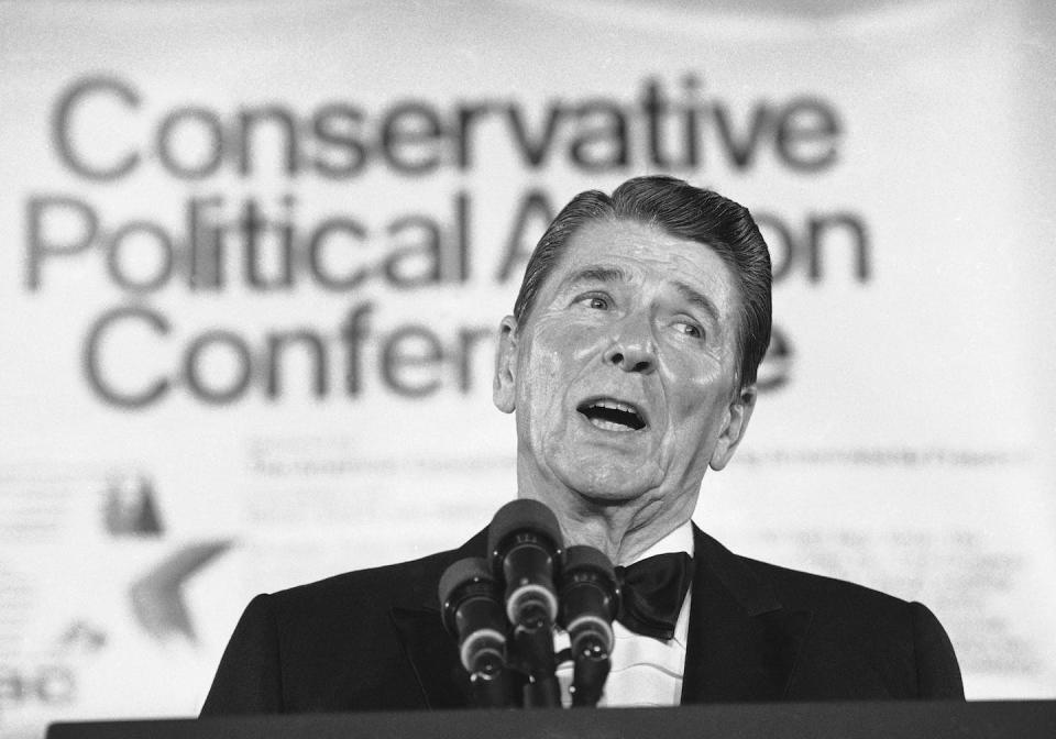 President Ronald Reagan addressing a Conservative Political Action Conference on March 3, 1984, in Washington, D.C. <a href="https://newsroom.ap.org/detail/ReaganAtConservativeConference/26d336aaf1f04492a3ccc85e2eee214b/photo?Query=reagan%20abortion&mediaType=photo&sortBy=&dateRange=Anytime&totalCount=8&currentItemNo=1" rel="nofollow noopener" target="_blank" data-ylk="slk:AP Photo/Scott Stewart;elm:context_link;itc:0;sec:content-canvas" class="link ">AP Photo/Scott Stewart</a>