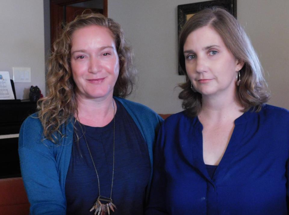 Jeni Knack, left, and Melissa Bumstead — leaders of Parents Against Santa Susana Field Lab — meet at Knack's home in Simi Valley earlier this month.