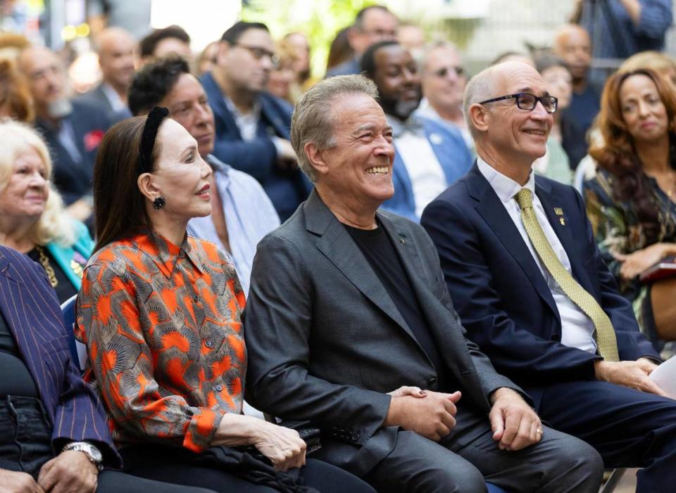 Lee Caplin reacts during a ribbon-cutting ceremony at FIU’s Biscayne Bay Campus on Friday, Nov. 17, 2023, in North Miami, Fla. The ceremony was held to officially unveil the Lee Caplin School of Journalism & Media, the iSTAR Volumetric Capture Studio and the Sam Moore: The Legendary Soul Man Theatre.